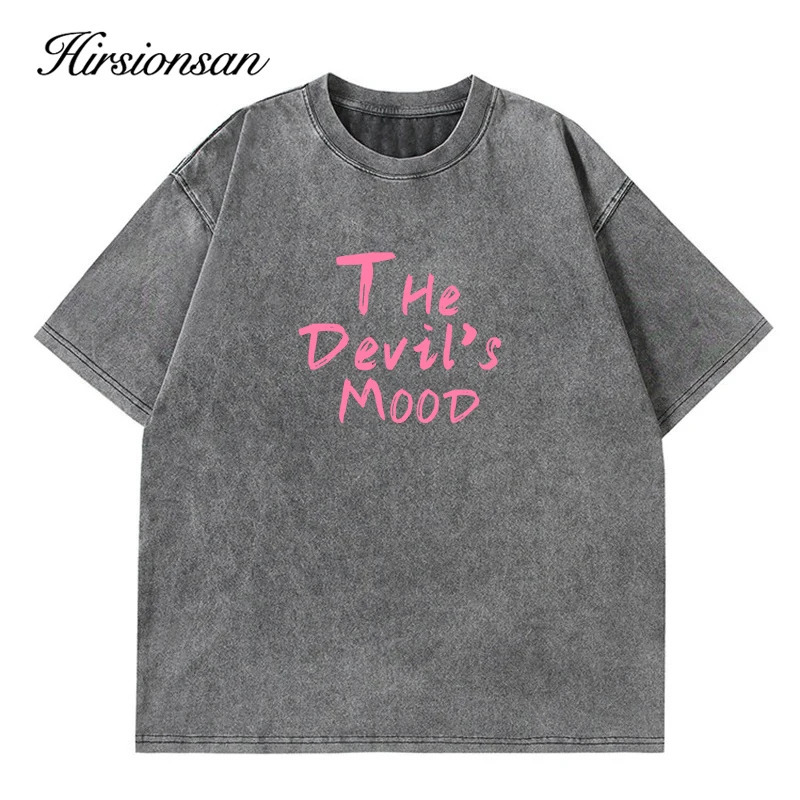Hirsionsan Acid Washed T Shirt Women Vintage Cotton T-shirts Streetwear Soft Mineral Tees Loose Letter Print Tops Y2k 241010