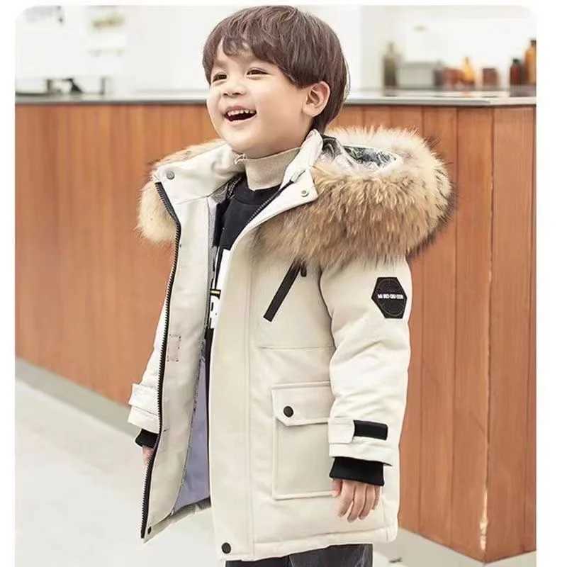 Down Coat 2024 New Boys Winter Jacket Thick Warm Coat Boys Parka Real Fur Hooded Snow Jacket Childrens Gloves 4 8 10 12 H241010
