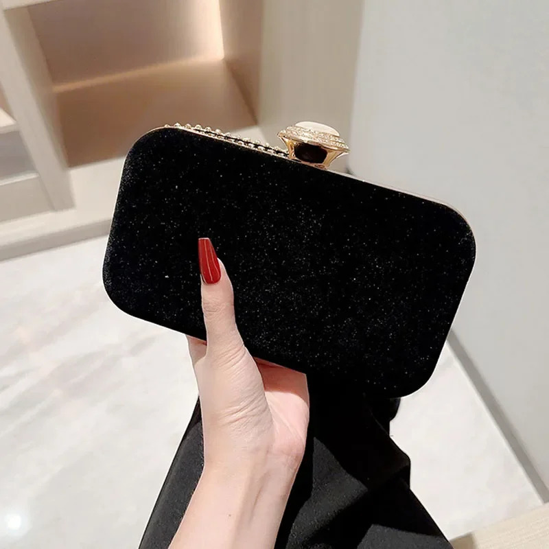 Black Red Velvet Womens Small Clutch Retro Fashion Crystal Diamond Evening Bag Chain Shuld Bag Womens Party Wallet 241008