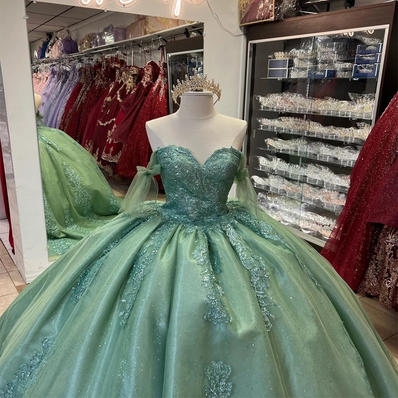 Sage Green Shiny Ball Gown Quinceanera Dresses Off the Shoulder Sequined Appliques Lace Beading Tull Corset Vestidos De 15 Anos Sweet 16 Dress