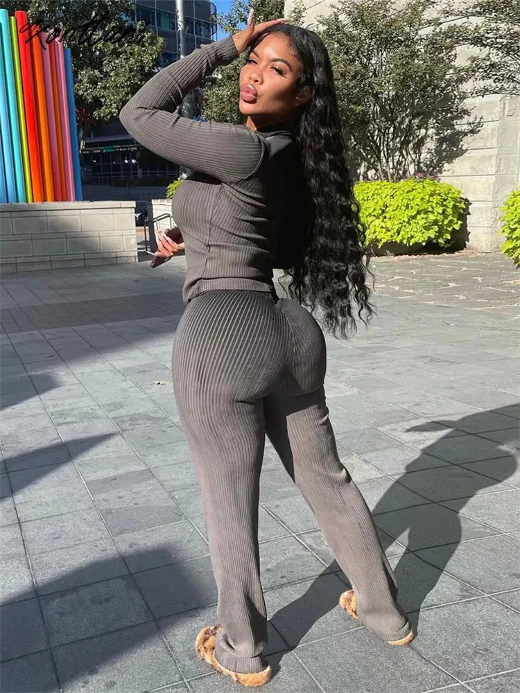 Kontturi Fall casual ribbed twopiece womens dress Vneck long sleeved top fashionable black solid pants matching set for women 241008