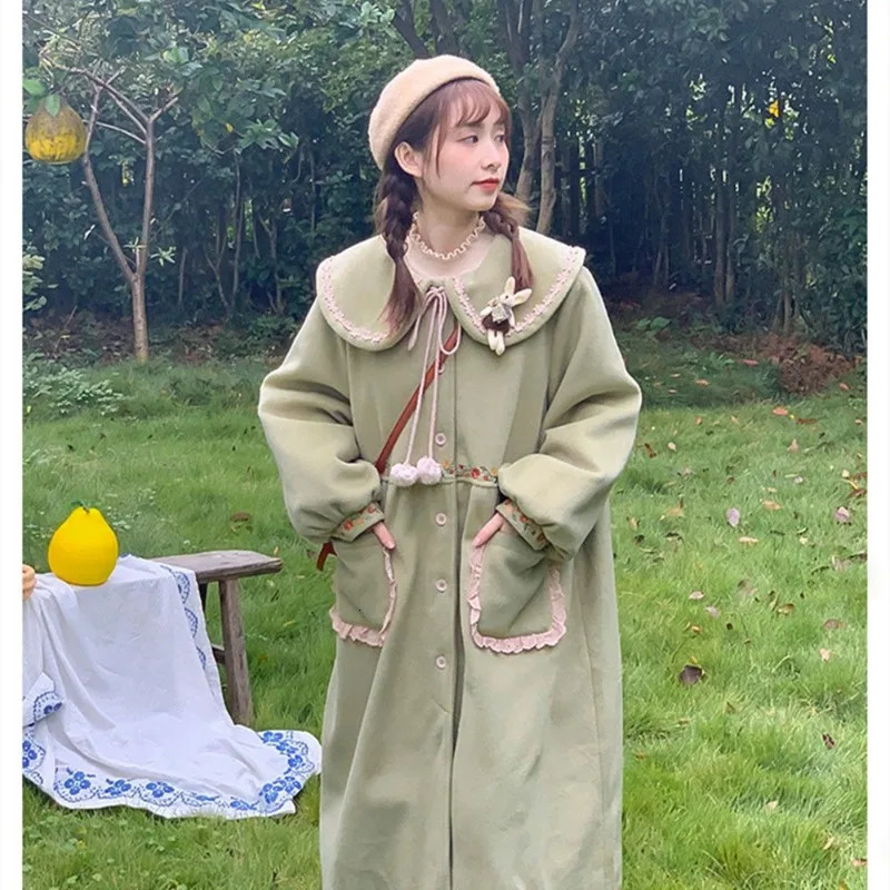 Women Coats Peter Pan Collar Ruffle Embroidered Single Breasted Coat Autumn Sweet Mid Length Large Pocket Lady Clothing 240930
