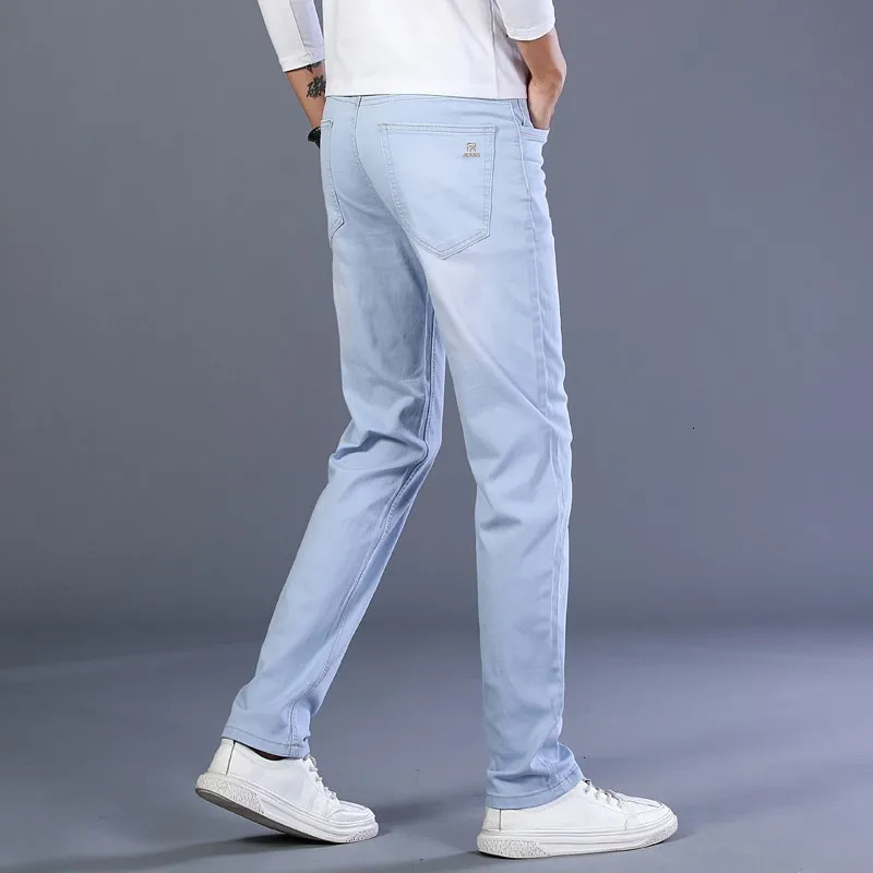denim jeans mens classic slim fit summer autumn business casual light blue elastic cotton Trouser 240929