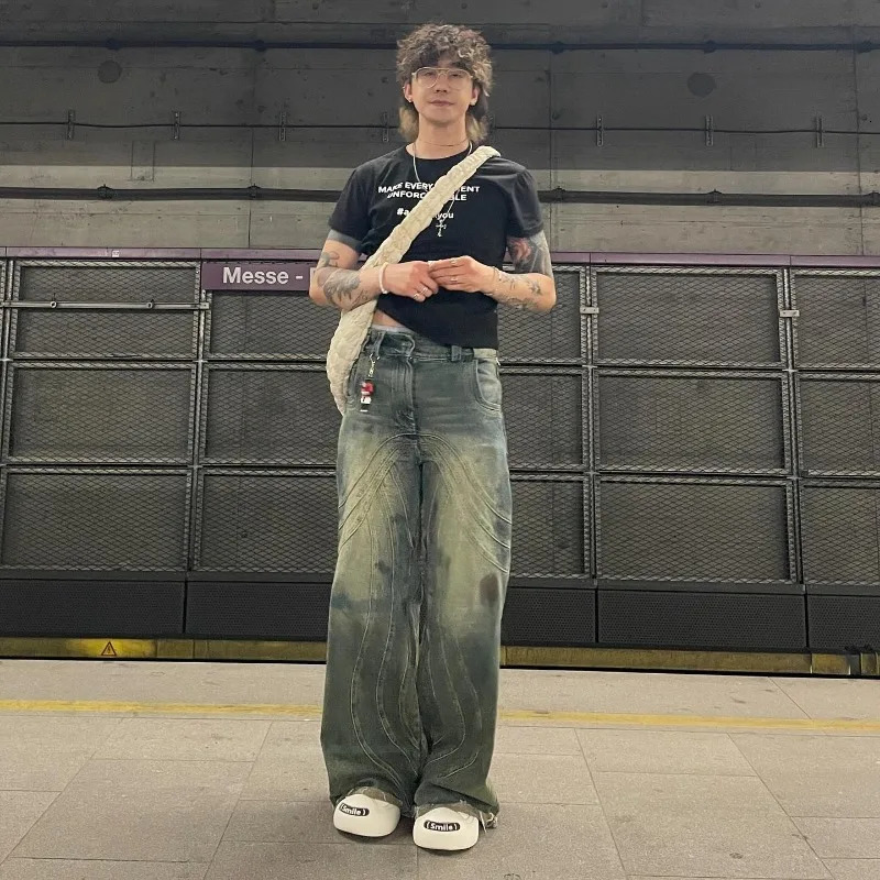 Y2K American Fashion Heavy Industry Blue Laundry Bag Jeans Mens Street Retro Hip Hop Pop Casual High Waist Wide Leg Pants 240929