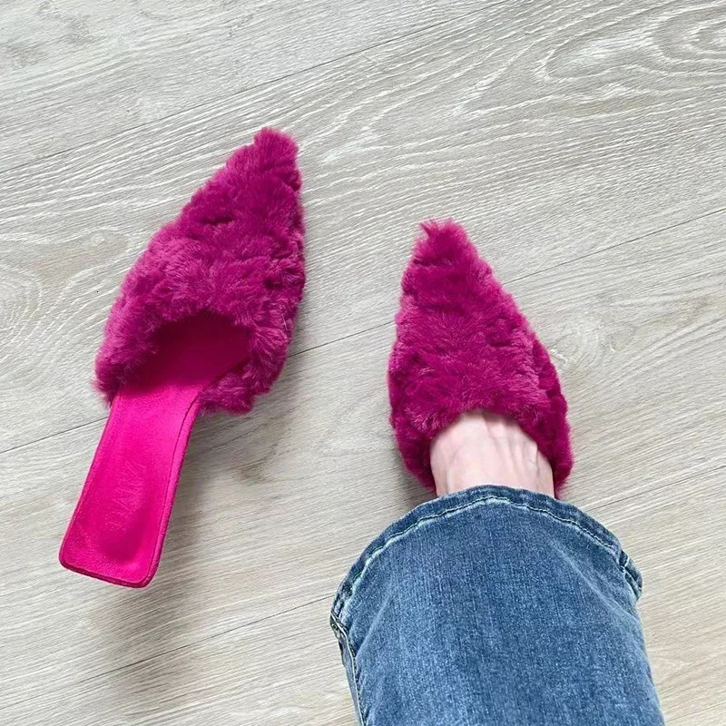 Women Fur Slippers Warm Mules Shoes Casual Mid Heels Boots Pointed Toe Plush Slingback Flip Flops Cotton Boots 240927