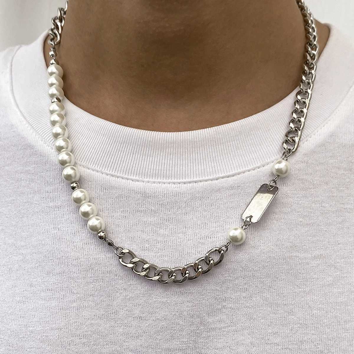 Hip Hop Asymmetric Curb Cuban Link Chain Necklace For Men Classic Imitation Pearl Beaded Collar High Quality Neo-gothic JewelryX241009