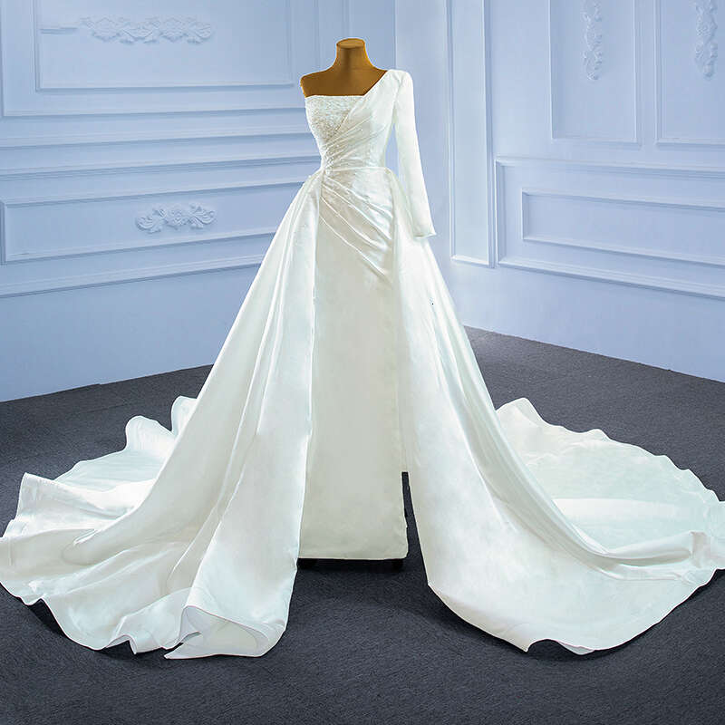 RSM67244 Elegant Pearl Beading Satin one shoulder detachable mermaid Bridal Wedding Dress