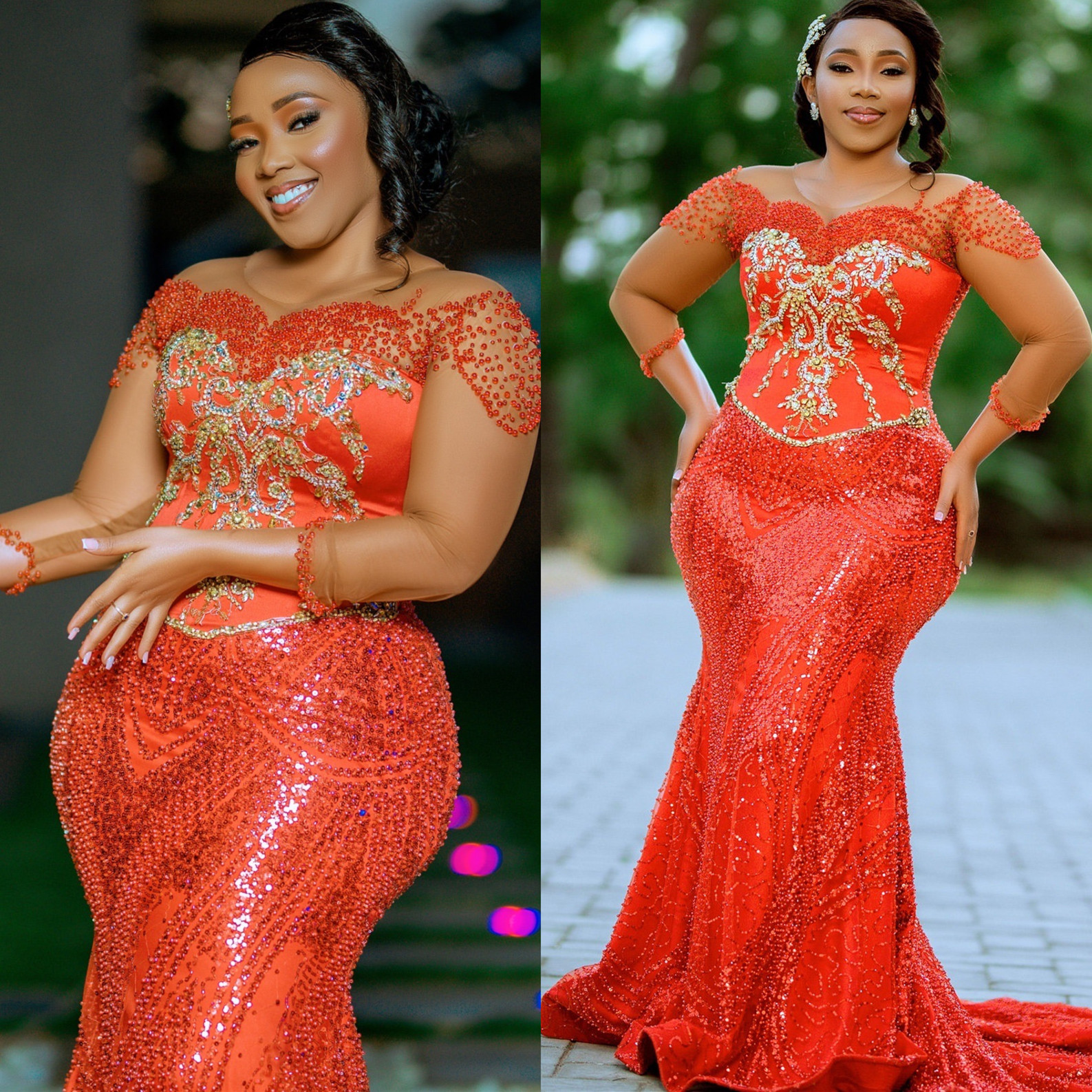 Aso Ebi 2024 Red Mermaid Prom Dresses Beaded Sequined Rhinestones Full Sleeves Evening Formal Party Second Reception Birthday Gowns Dress For Special 
