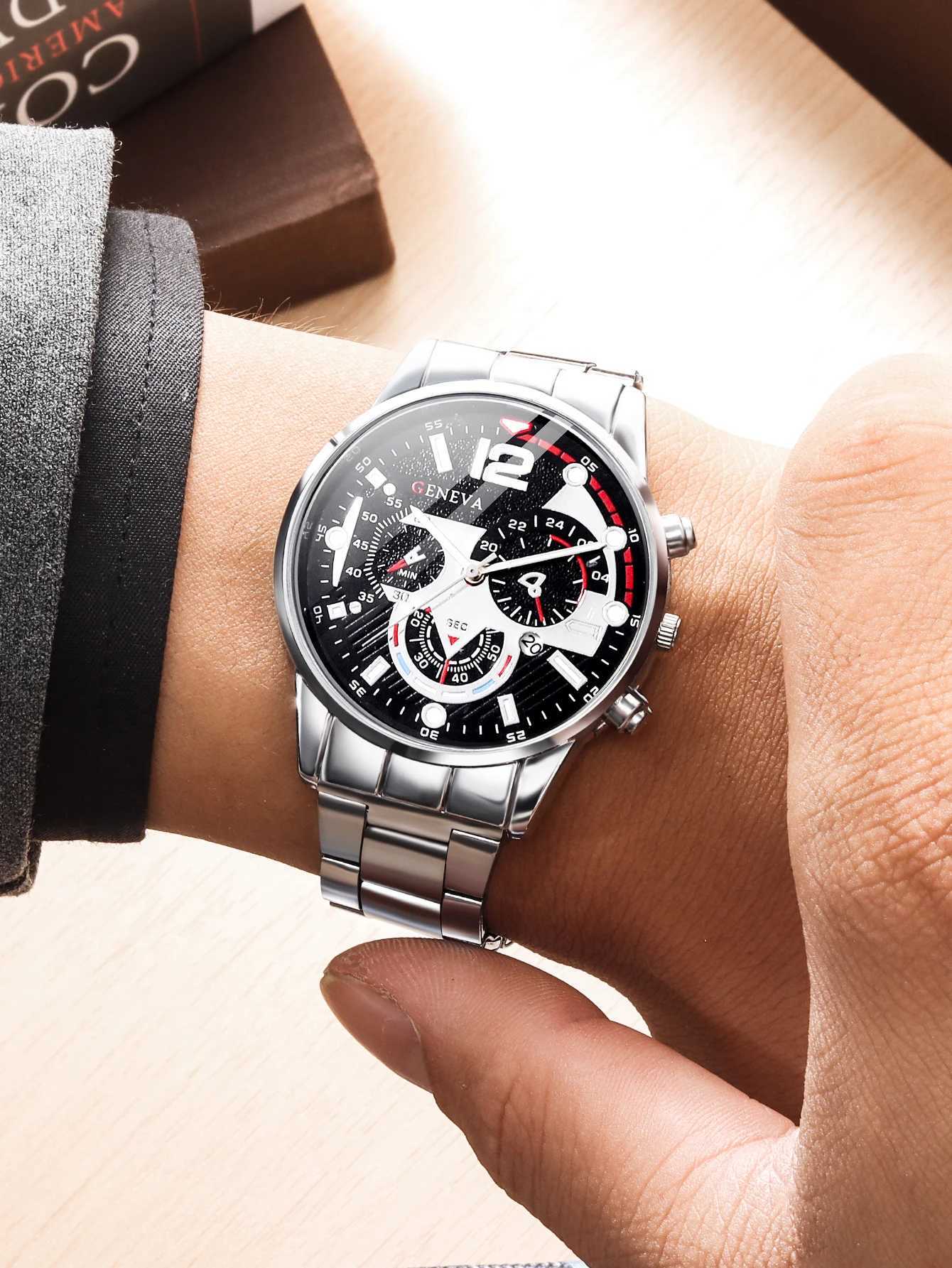 3pcs Business Style Silver White Mechanical design Mens alloy quartz watch with calendar and alloy necklace bracelet setX241010