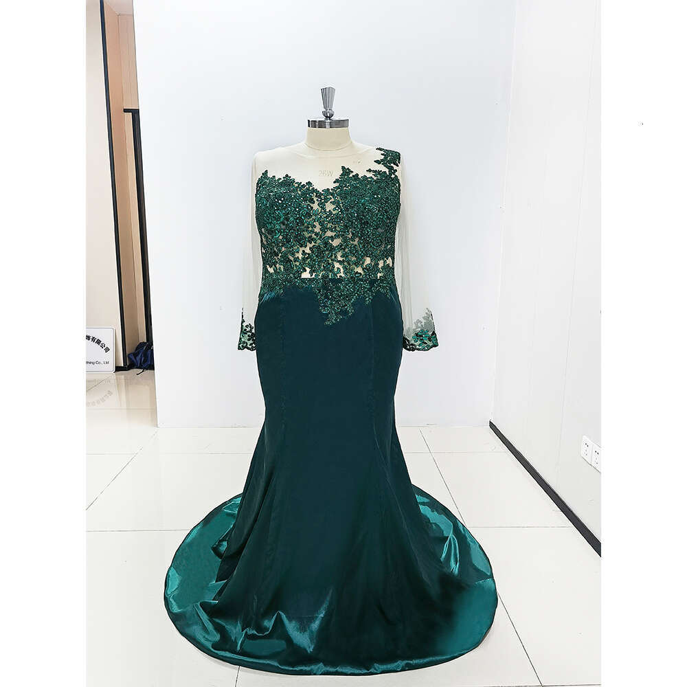 DN Green Prom Dress Long Sleeve Appliques Mermaid or Length Gown Satin Formal Ocn Party Elegant Women