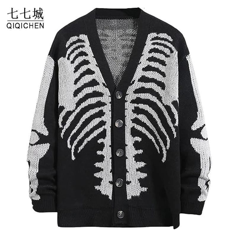 Hip hop sweater mens cardigan wool sweater Y2K skeleton jacquard ultra-fine knitted cardigan wool sweater autumn and winter casual loose jumper neutra