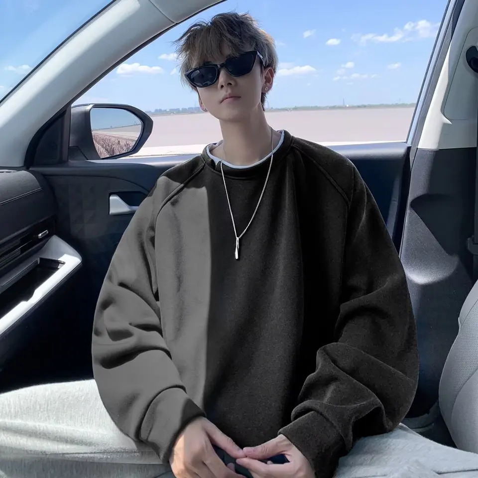 Two-piece Crewneck Mens Sweatershirt Autumn and Winter 2024 y2k korean fashion O-neck Hoodies Solid All-match Base Top 241007