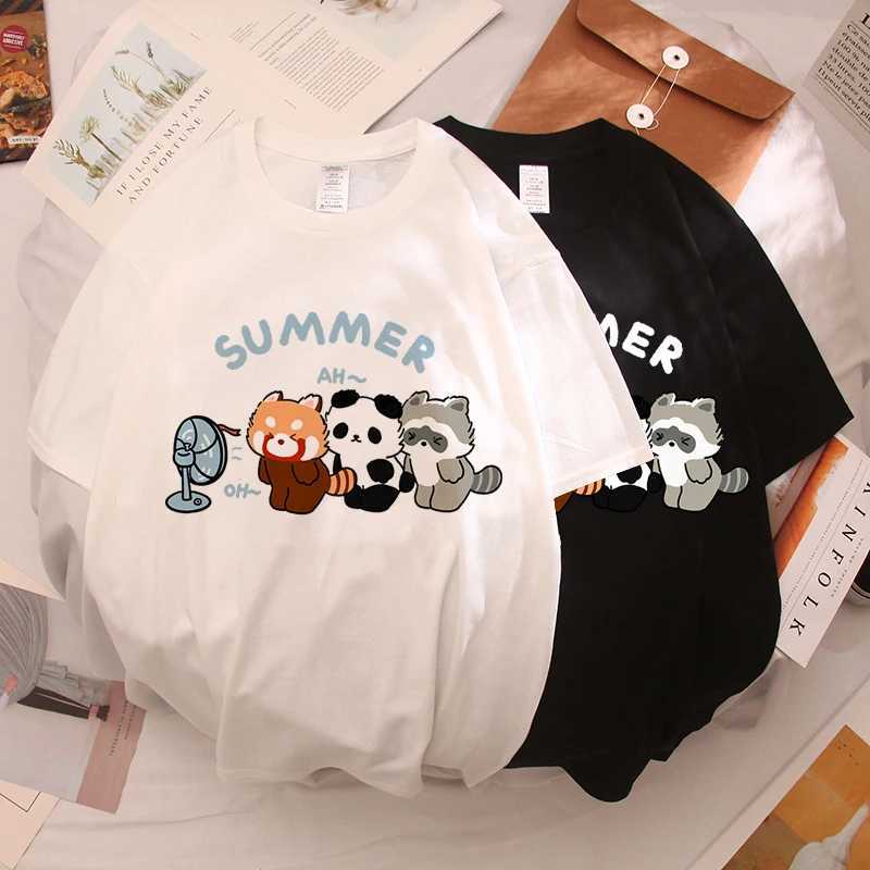 Interesting panda and raccoon illustrations printed mens and womens short sleeved summer cotton breathable T-shirt casual loose T-shirtW240716