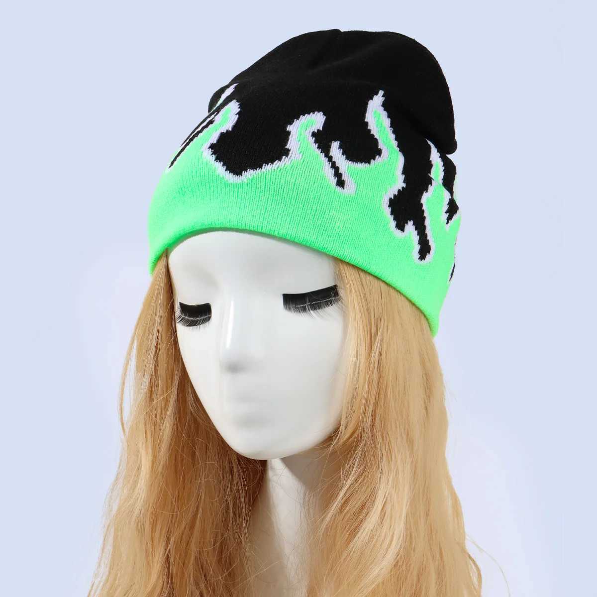 Beanie/Skull Caps Fashionrylic All Over Flame Pattern Beanie Custom Winter Knitted Hat Printed Jacquard Beanies H241010