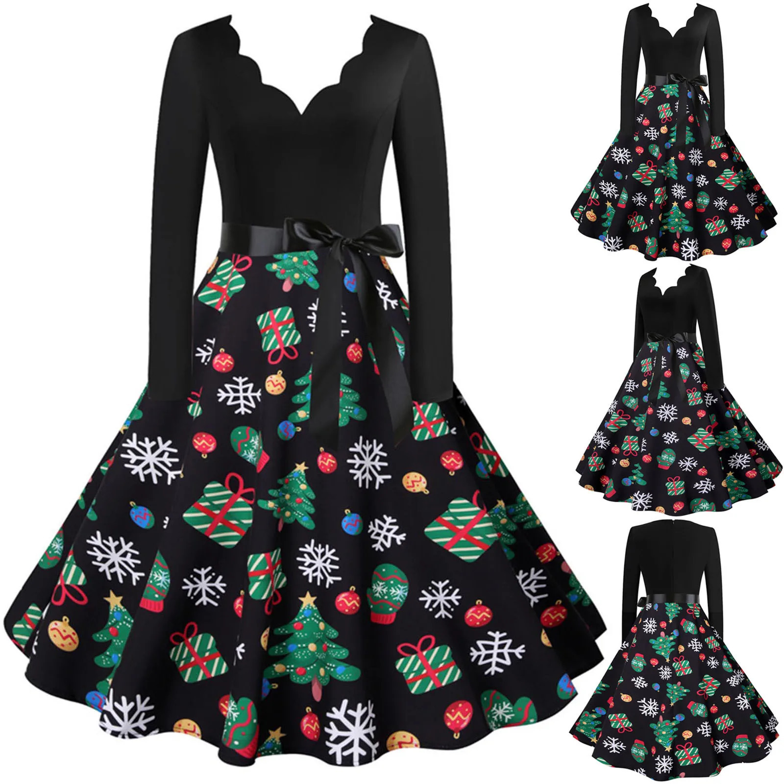 Black Christmas Print Vintage Dress Women Swing Robe Pinup Sexy V Neck Long Sleeve Party Dresses 2024 Autumn Vestido A-Line 241010