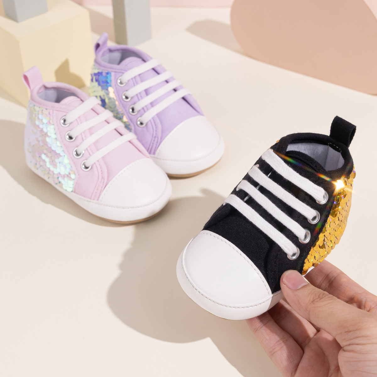 Fashion Sequin Baby Sneakers High Top Anti Slip Soft Soled Infant Boy Girl Shoes Happysteps Toddler Rubber Comfortable Casual Shoes