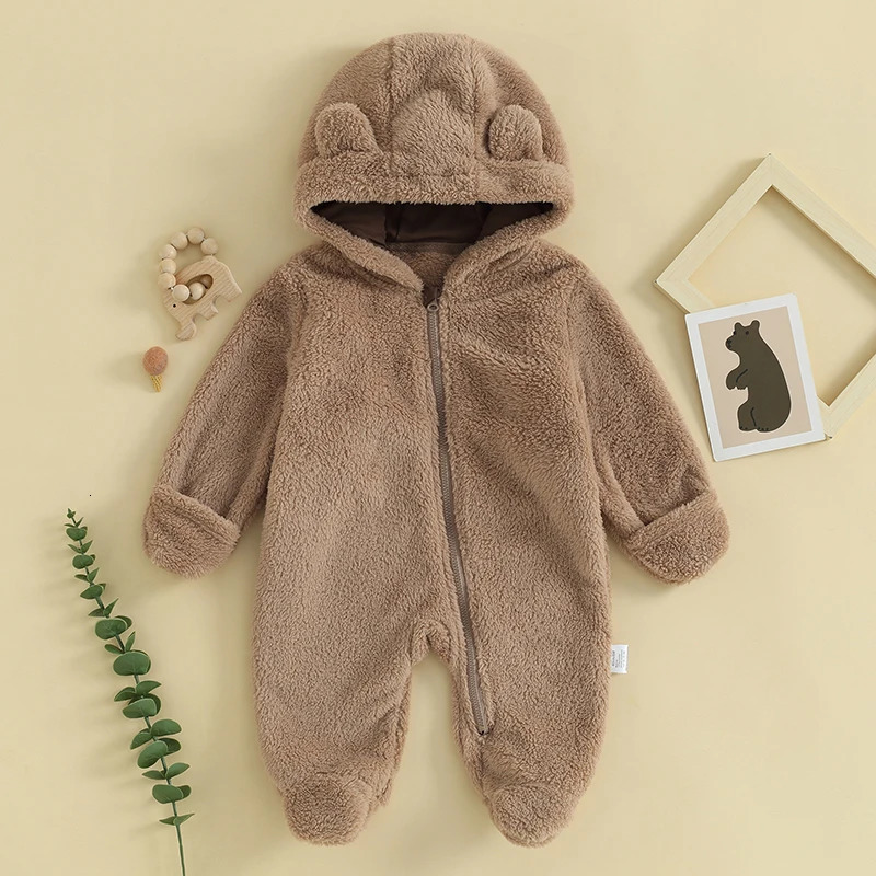 born Baby Girl Boy Solid Bear Ear Warmer Snowsuit Long Sleeve Fleece Hooded Romper Jumpsuit Soft Toddler Kids Winter Playsuit 241008