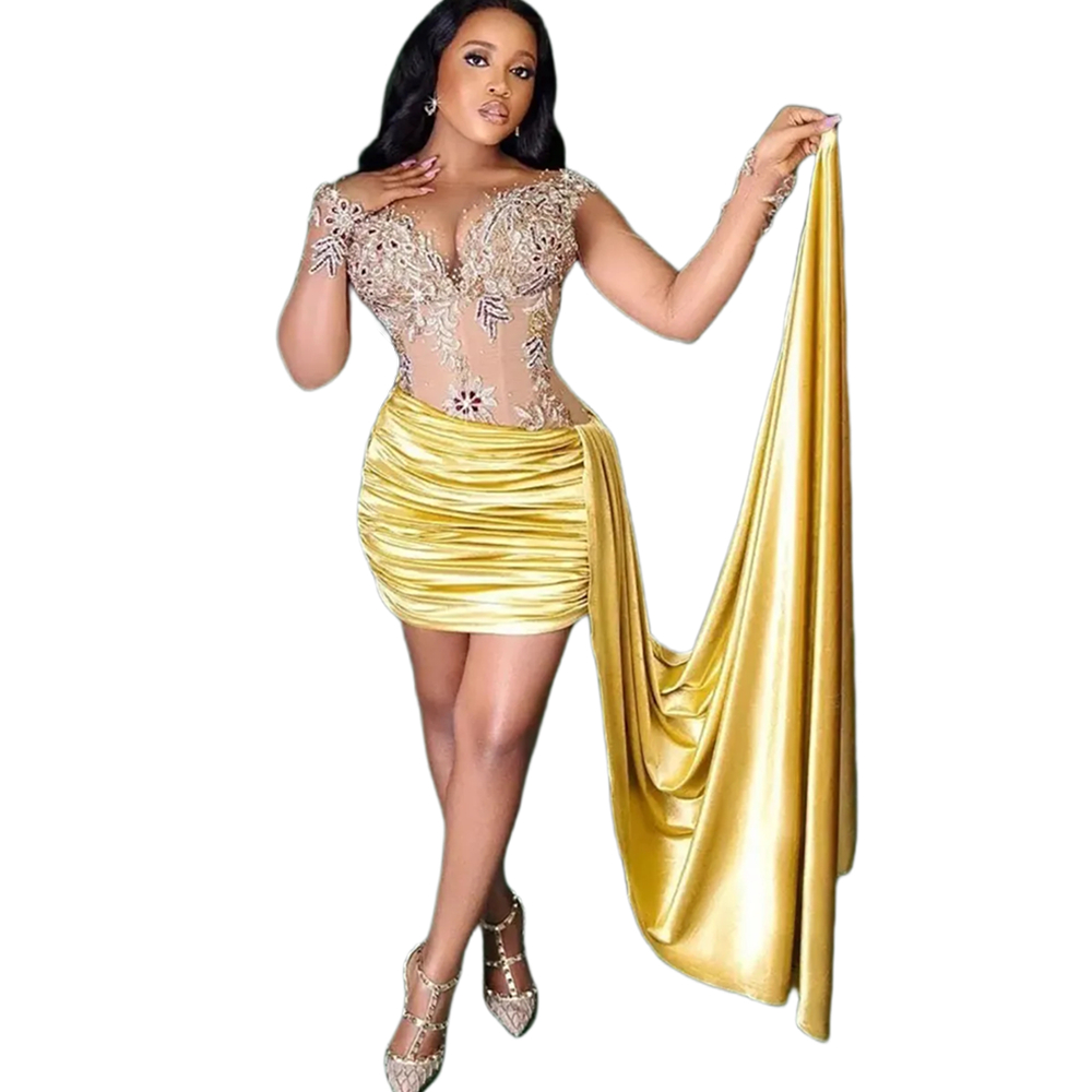 Mini Short Sheath Prom Dresses Long Sleeves Gold Pleats Cocktail Party Gown For Women Lace Appliques Skin Lining Top Modern Birthday Special Occasion 