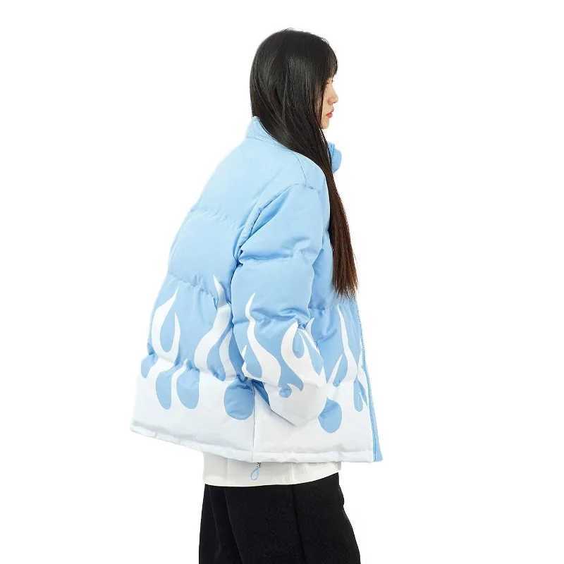 Men's Down Parkas Mens fashionable winter inflatable jacket fireproof print oversized hip-hop T-shirt Parkas patch loose retro filled bubble jack