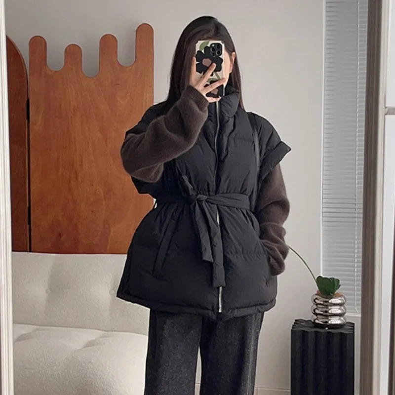 Womens short sleeved vest sleeveless jacket with waistband thick waisted coat loose warm waistcoat stand up collar Korean fashion 241009