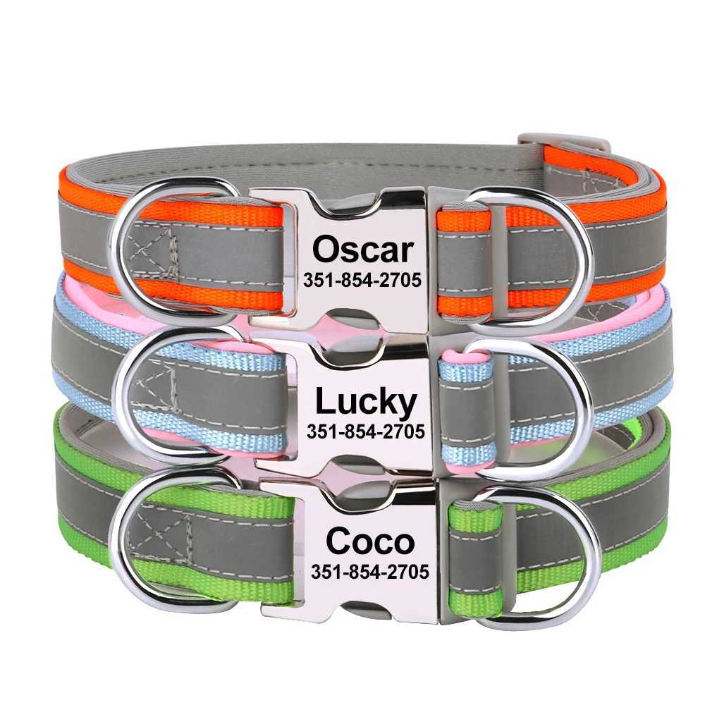 Reflective personalized with engraved ID nylon cushioned dog collar that can be adjusted for small medium and large dogs Y250325