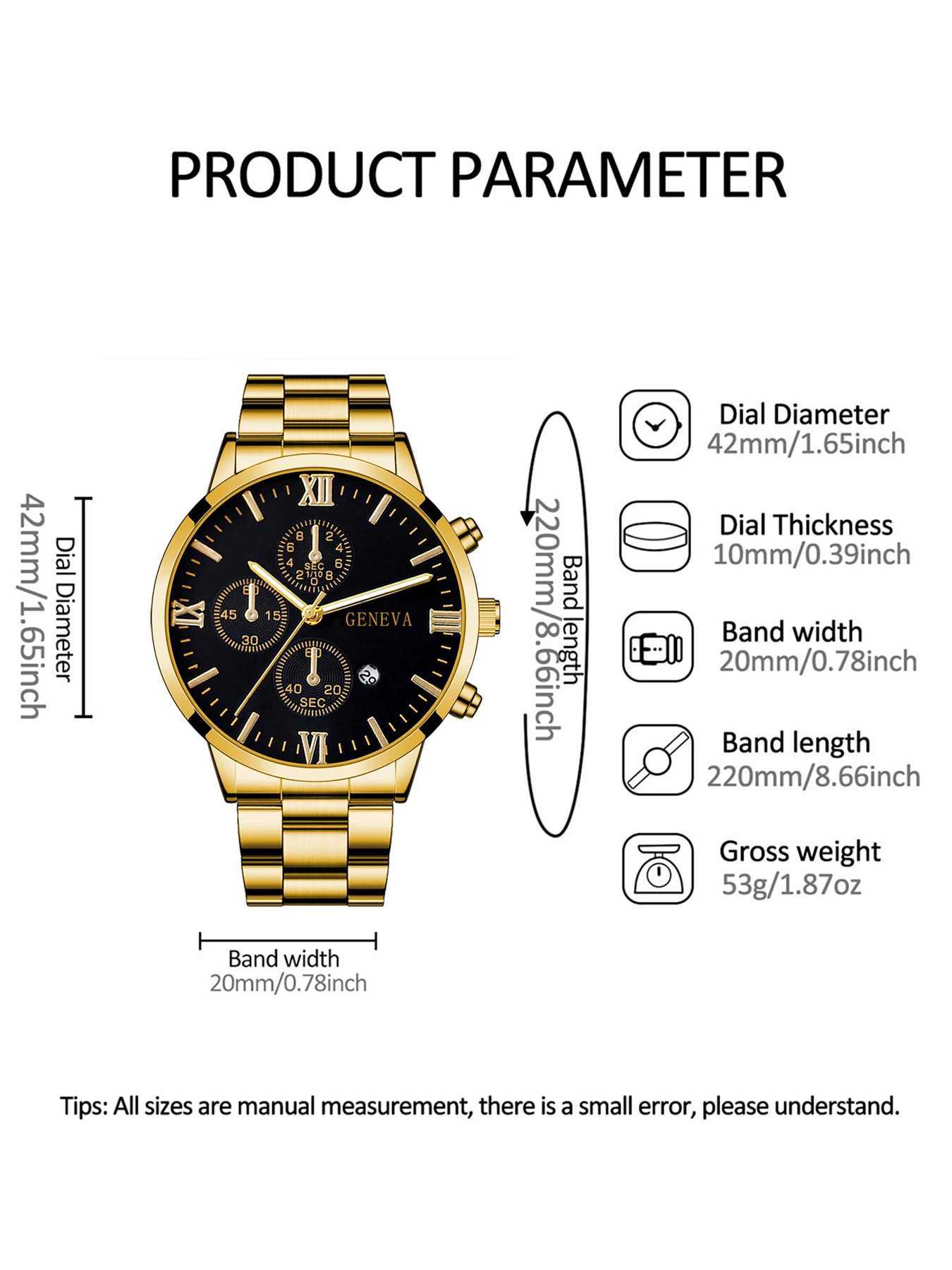 3PCS Classic business style alloy mens quartz watch with Cuban bracelet Cross necklace set Birthday gift wristband calendarX241010