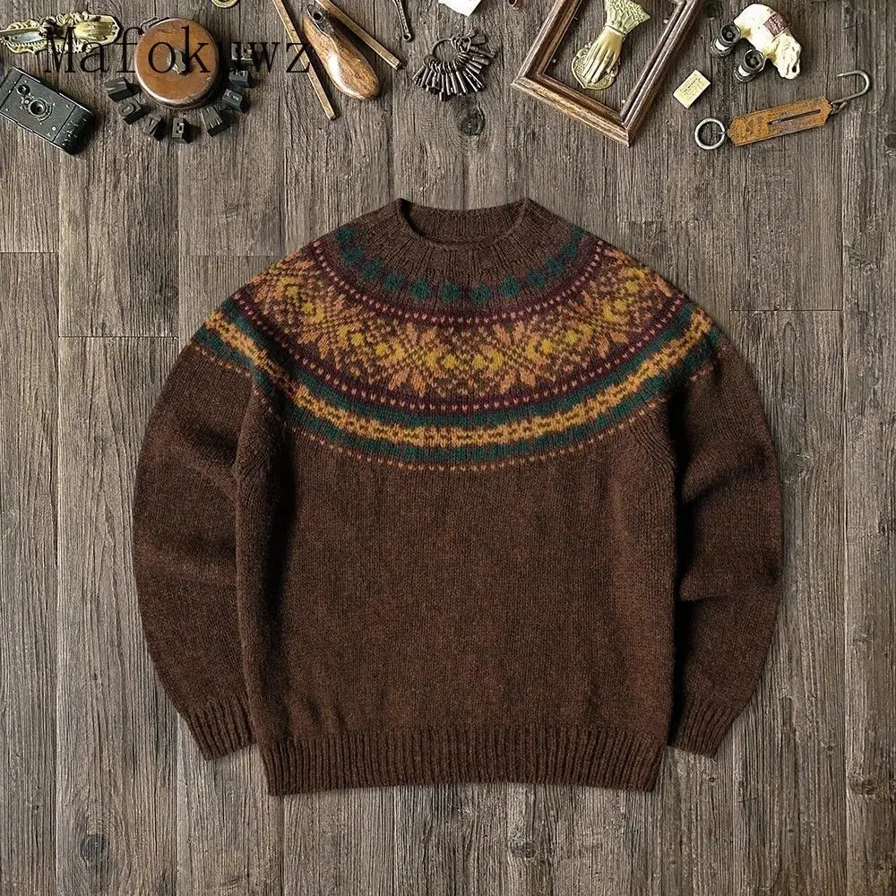 Japanese retro geometric O-neck pullover sweater American loose casual high street bottom sweater mens top 241007