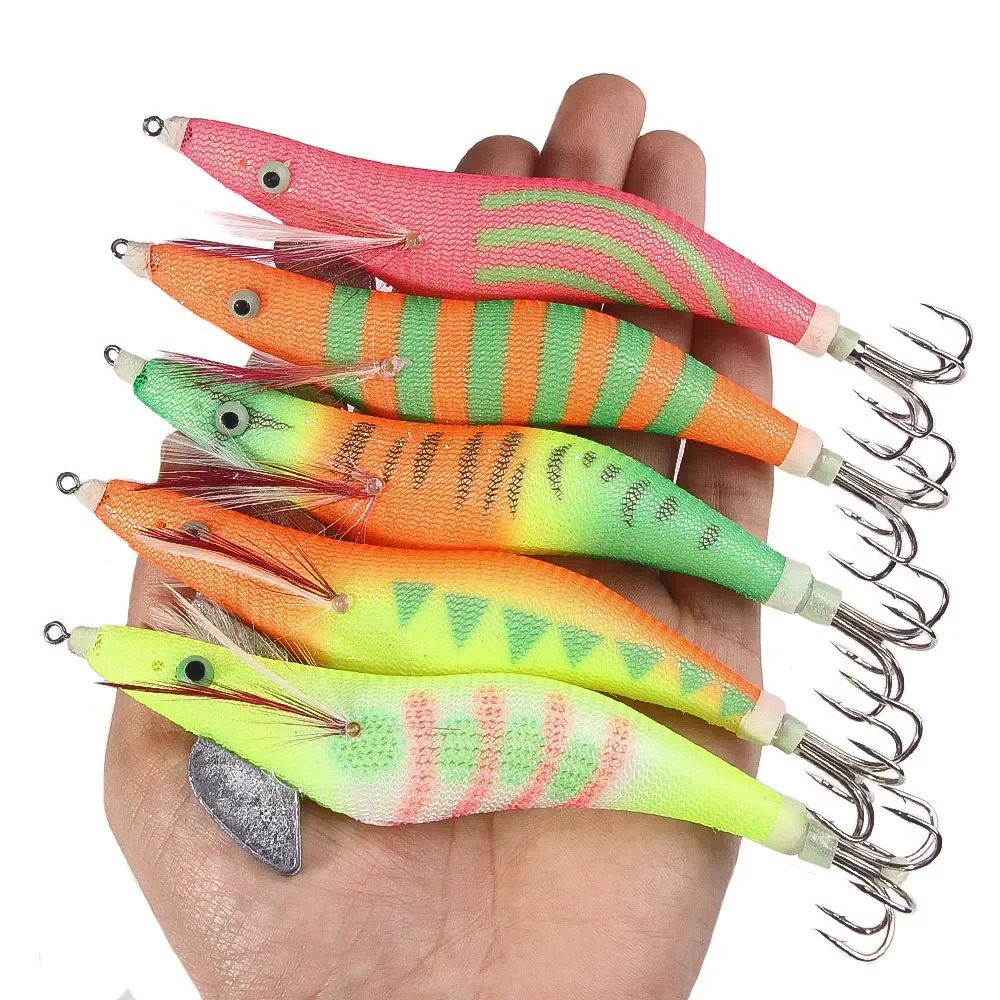 15CM Squid Jig Egi Baits Luminous Octopus Wooden Shrimp Fishing Lure Artifical Squid Jig Cuttlefish Hook Bait with Sound Beads 241010