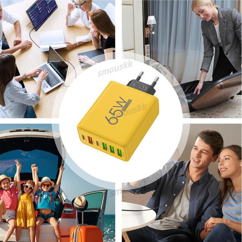 Multiple Ports 6 Block 4 USB And 2 Type-C 65W Port Charging Adapter Wall Charger Plug Fast