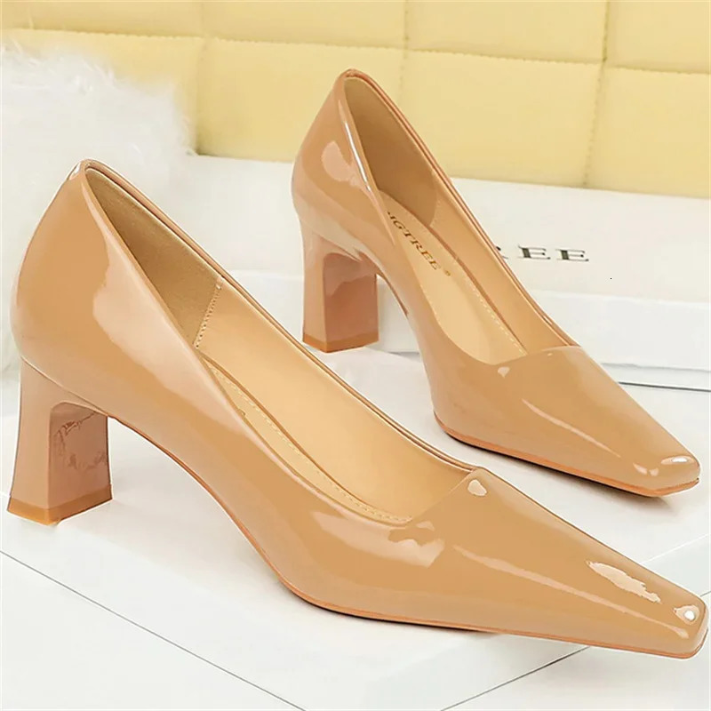 Women 6cm High Heels Pumps Lady Square Toe Glossy Patent Leather Block Low Heels Green Blue Nude Wine Red Quality Shoes 240927