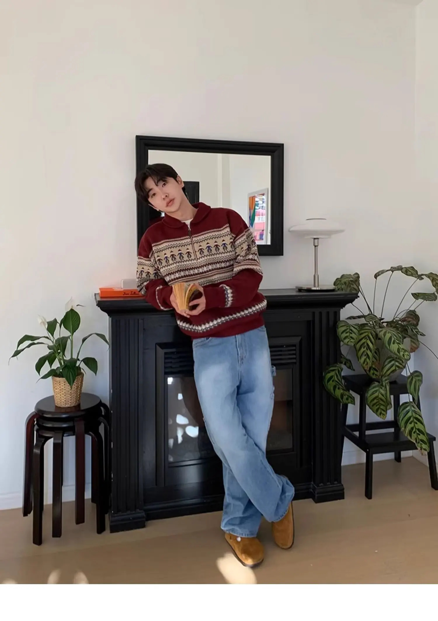 Korean Style Mens Zip up Christmas Y2K Knitwear Pullovers Sweatshirts Striped Knit Turtleneck Sweater For Men Streetwear Jumper 241007