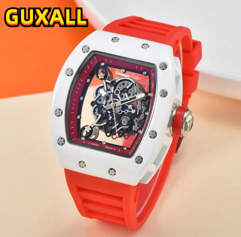 Good Looking Showing Automatic Date Men Watches Luxury Quartz Clock Business Super Colorful Rubber Strap Transparent Skeleton Dial Watch Gifts