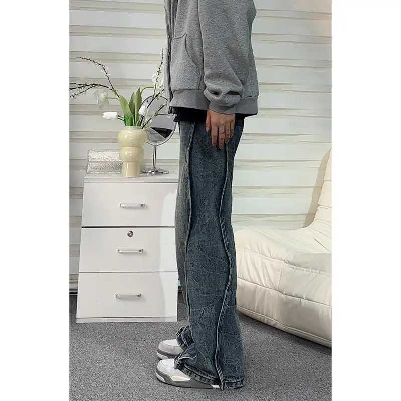 American style trendy and personalized straight leg washed denim pants for men and women hip-hop loose and wide leg casual pantsX241009