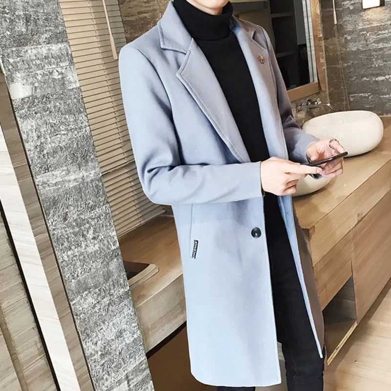 Autumn Winter British Coat Mens Long Coat Mens Coat Windbreaker Men Wool Trench Coat Long Thick Warm Jacket Men Red LX241010