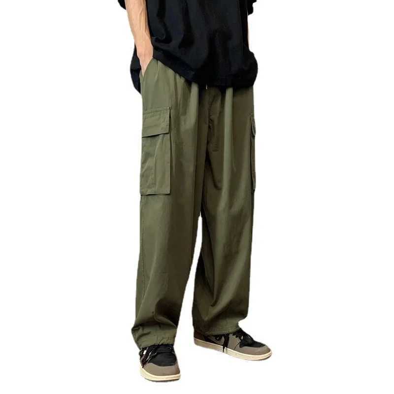 Military green Amei Kao mens cargo pants summer Japanese style oversized retro heavy-duty straight leg casual pants W241009