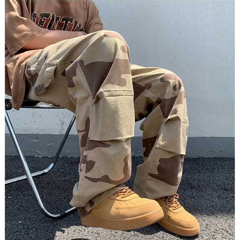 American trend retro summer casual cargo pants mens printed elastic waist pull rod high street loose wide leg mens W241009