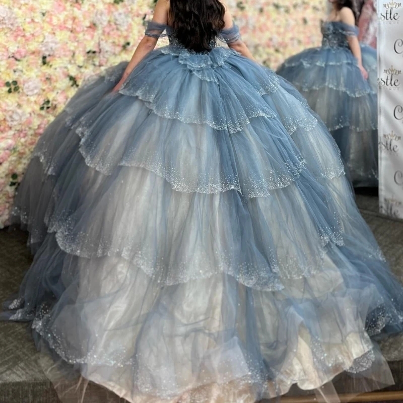 Sparkly Quinceanera Dresses Formal Luxury Party Beading Crystal Lace Tull Tiered Sweet 16 Dress Graduation Ball Gwon Vestidos De 15 anos