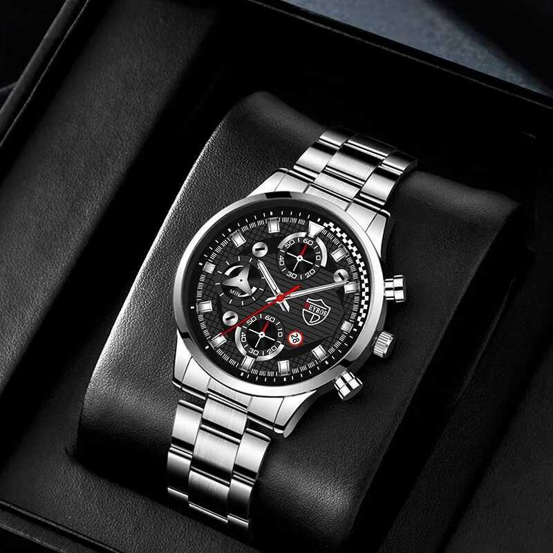 2PCS Fashion Mens Gold Bracelet Watches Set Men Business Stainless Steel Quartz Watch Male Calendar Date Wristwatch Reloj HombreX241010