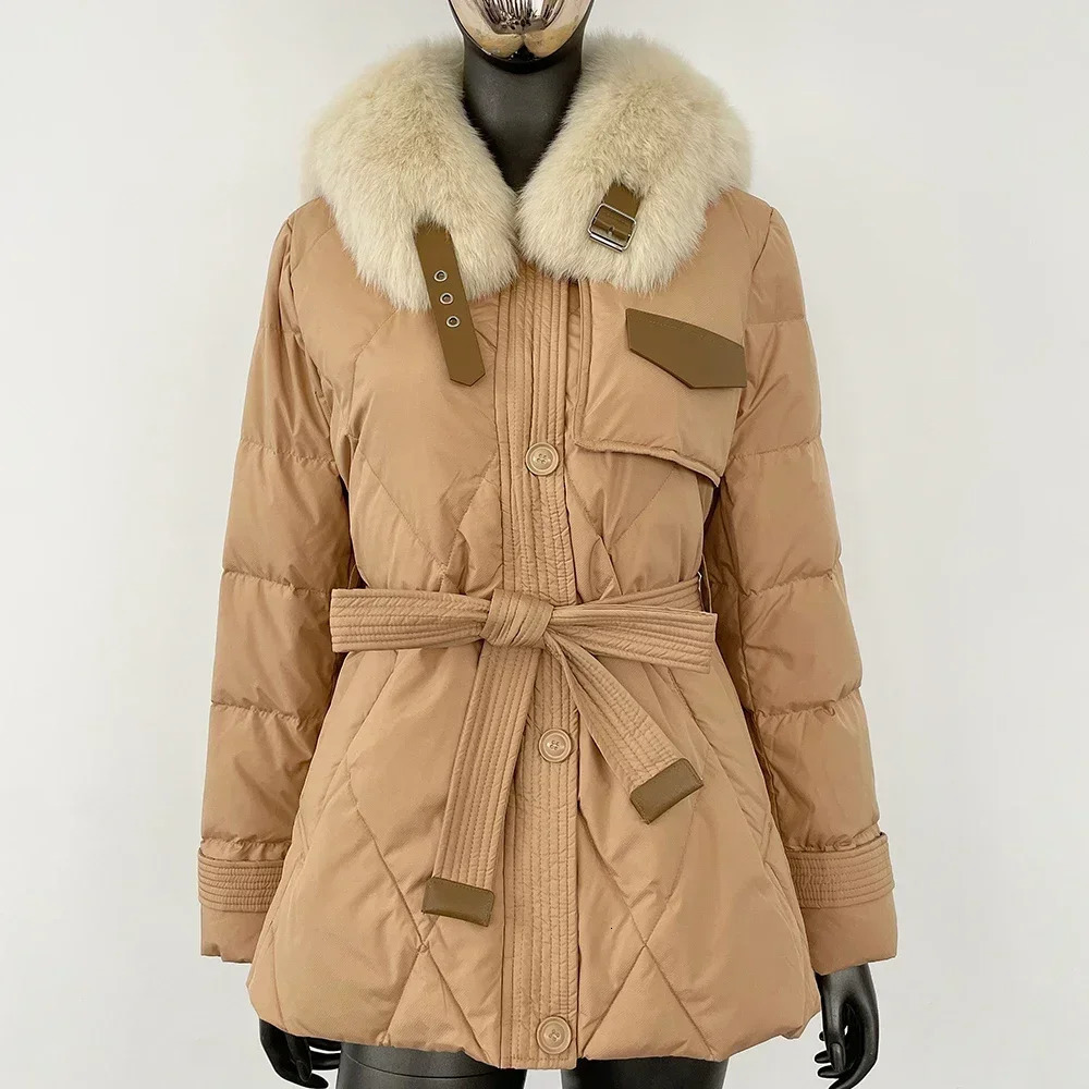 White duck down jacket fashionable lace top fox fur collar thick warm jacket autumn winter real fur coat real fur coat 241007