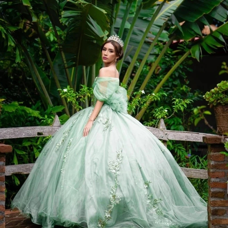 Mint Green Sweetheart Ball Gown Quinceanera Dresses Applique Lace Beads Tull Off the Shoulder Party Gown Sweet 16 Vestido De 15 Anos