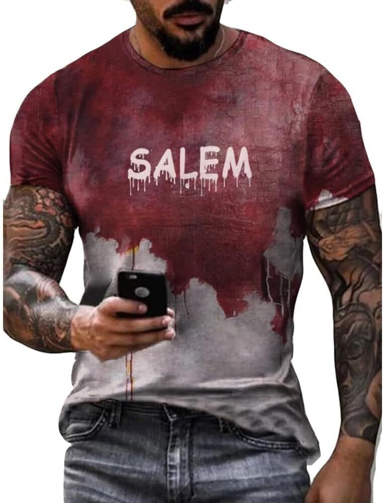 Mens T shirt I'M Fine Bloody Shirt Men Salem Halloween Funny Shirts Mens Horror Retro Tee 3D Pattern graphic tee Casual tops summer nice