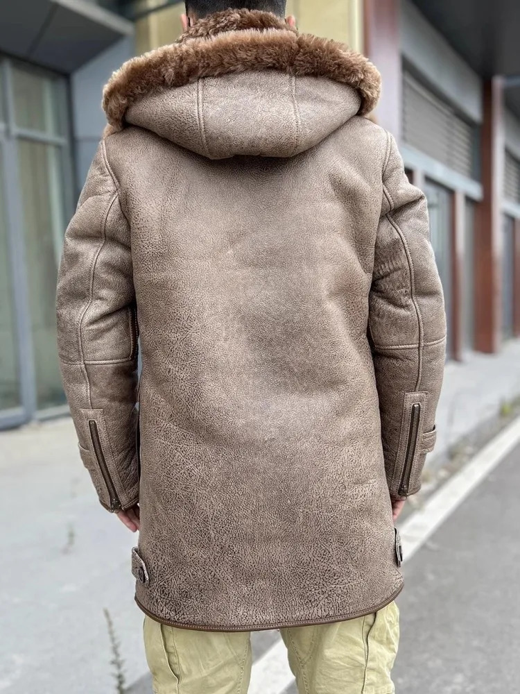 Mens fur coat winter thick warm wool lining single chest genuine leather wool coat medium length hooded coat 240927