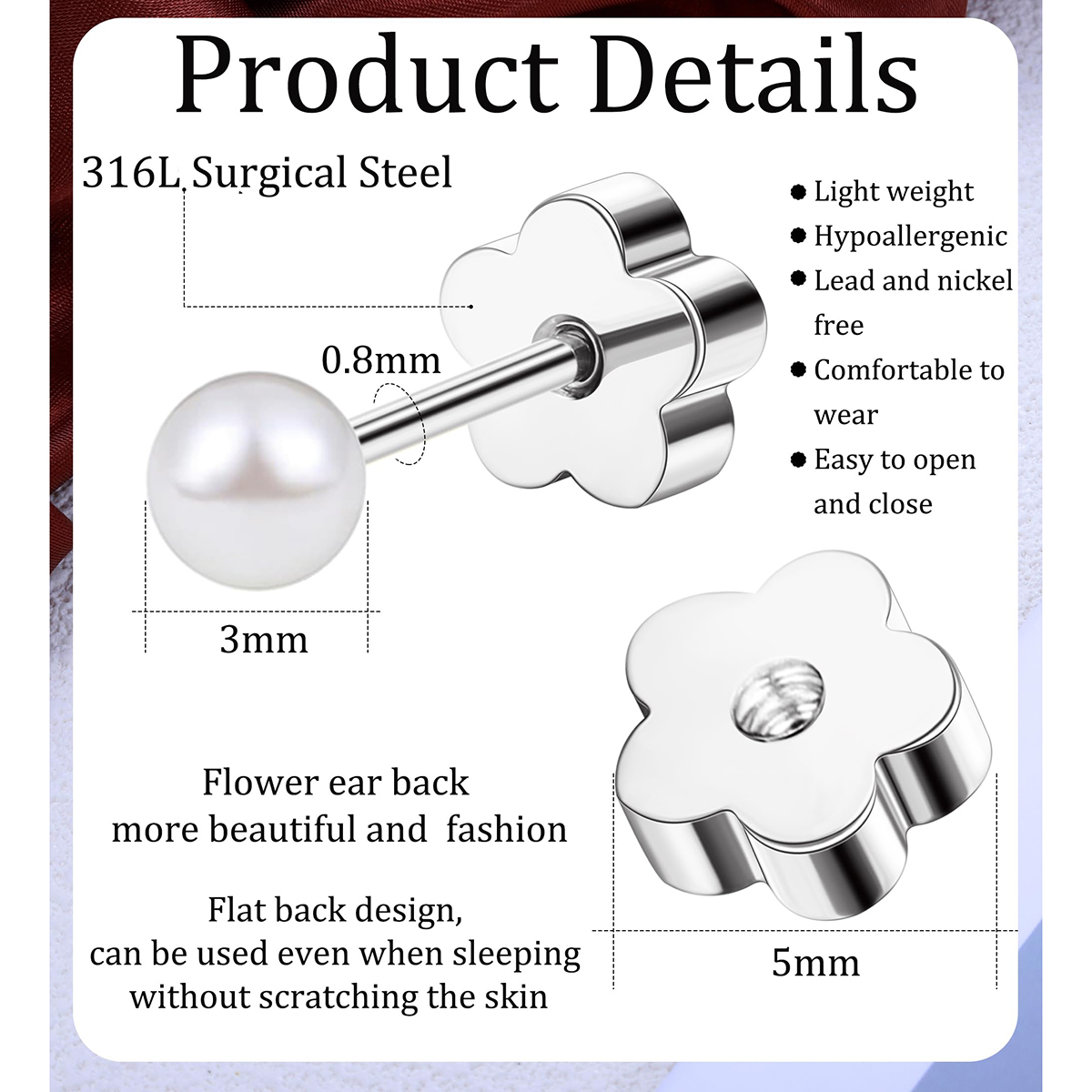 TUPMI Flat Back Pearl Stud Earrings for Women Girls Stainless Steel Small Pearl Cartilage Earrings Hypoallergenic Pearl Screw Back Earrings