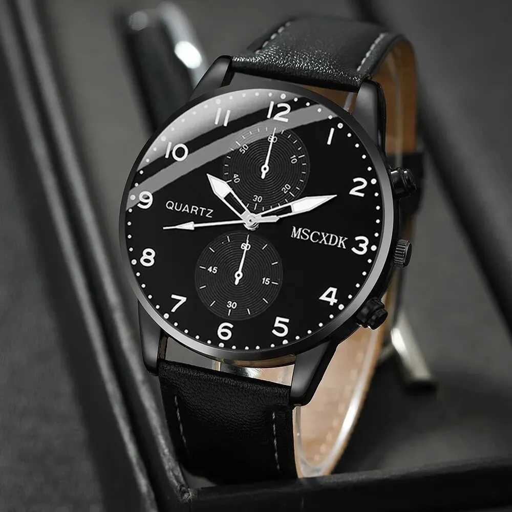 2pcs Black Round Quartz Watch With Leather Bracelet Men Business Watch Fashion Casual For Daily SportsX241010