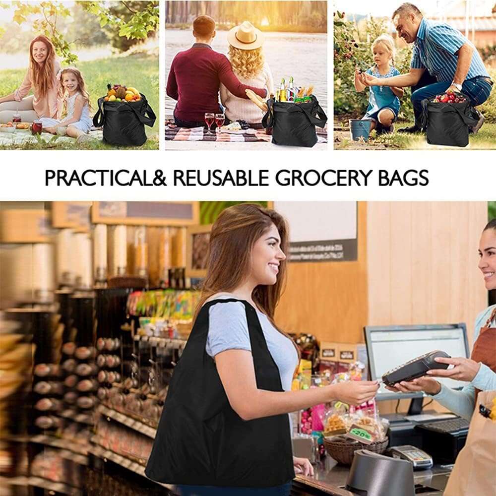 Poocar 10 Pack Grocery Bags Black Washable Foldable Reusable Shopping Bags,Eco-Friendly Purse Bag Fits in Pocket Holds