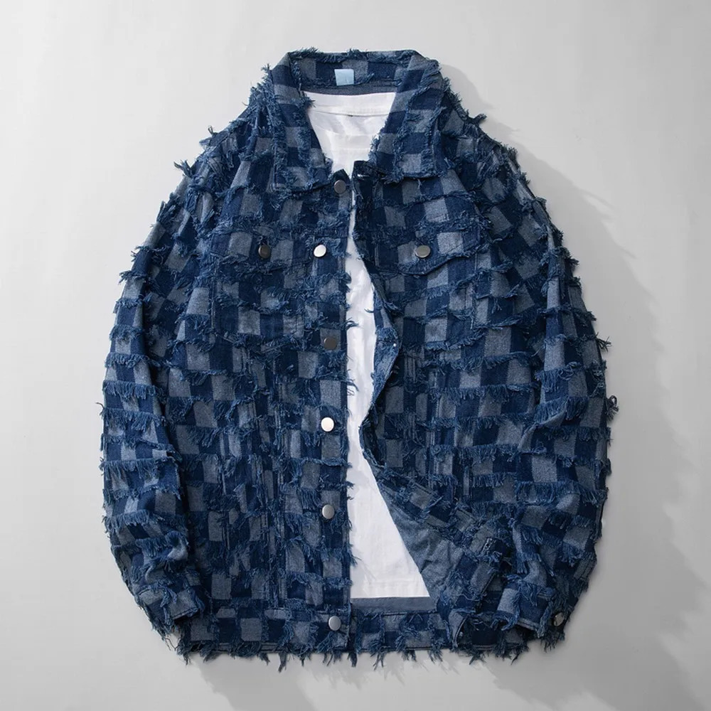 Spring and autumn vintage blue checkered denim jacket pure cotton Jaqueta jeans street loose Chaquetas Hombre mens 241007