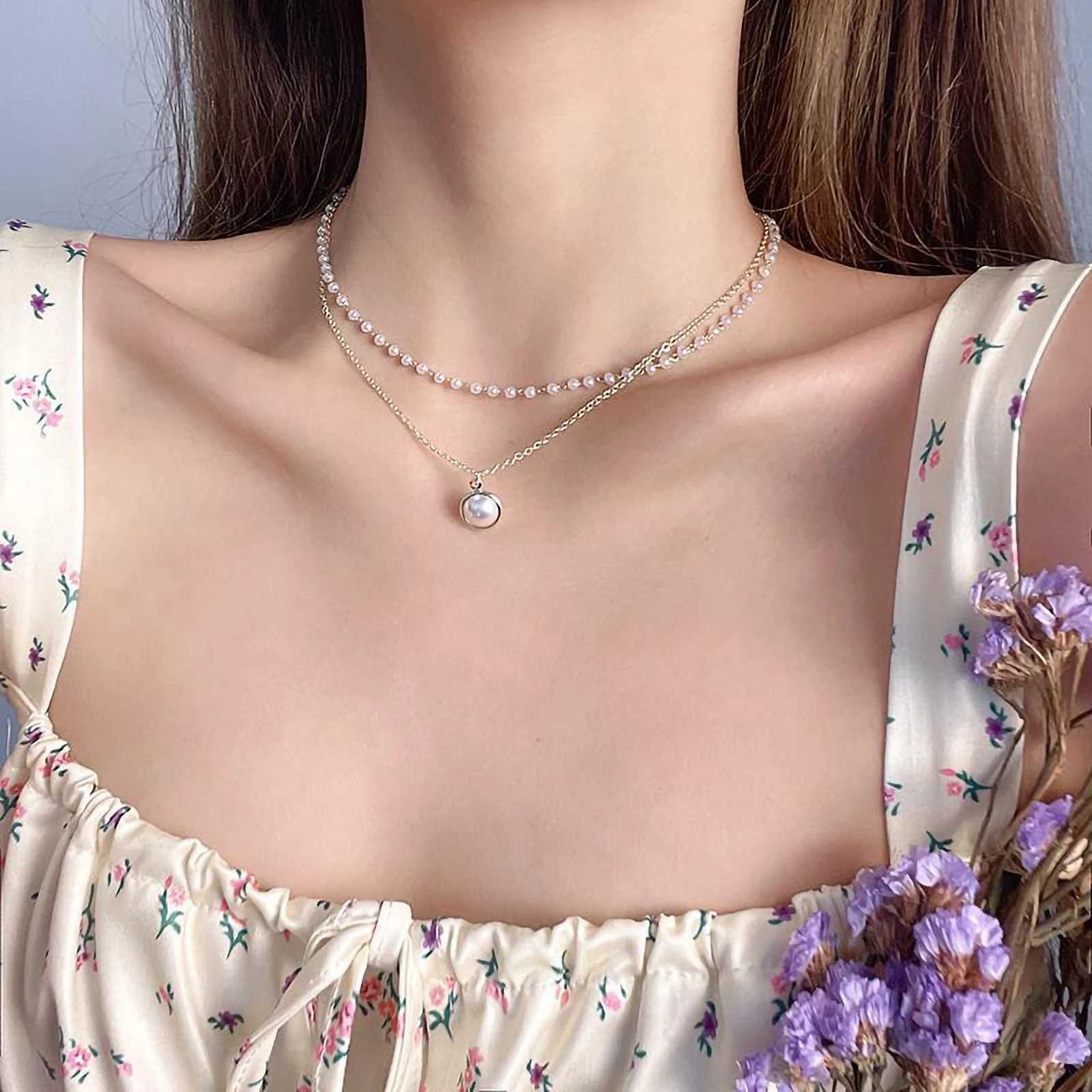 1 set of white large pearl multi-layer retro style womens titanium steel plated 18k gold necklaceX241009