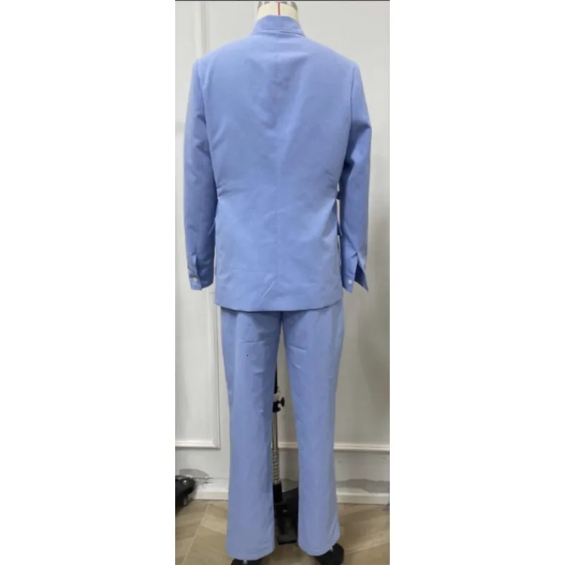 Mens Blazer Blue 2PcsSet Solid Color Suit Single Breasted Lapel Collar Safari Jacket Pant 2Pcs Set Business Occasion Suits 241008