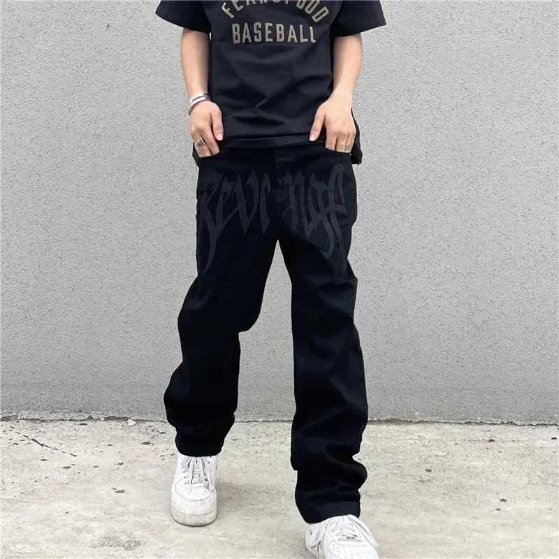New Mens Baggy Jeans Black American Vintage Embroidery Letter Denim Pants Y2K Hip-hop Streetwear Straight Loose TrousersX241009