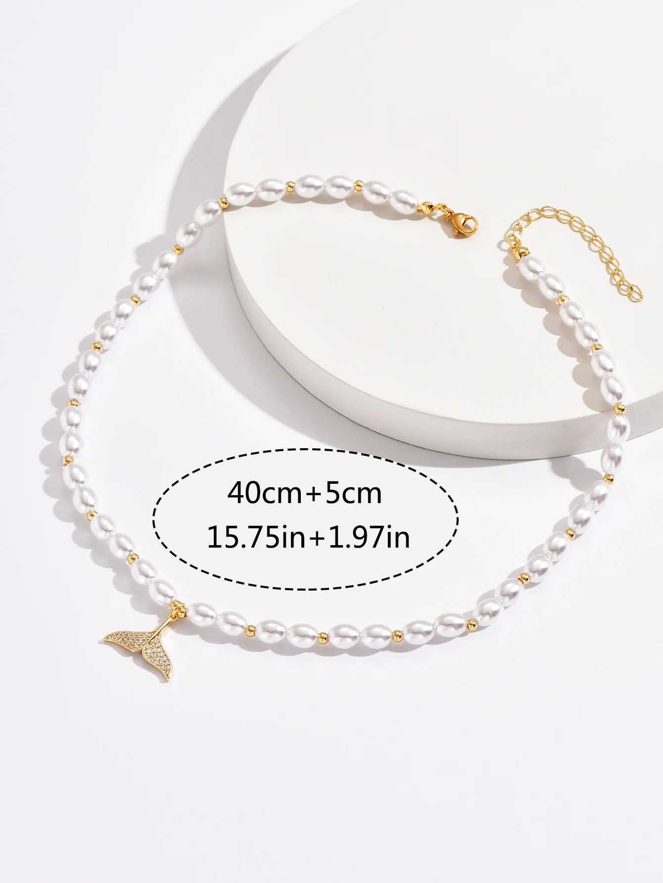 Fish Tail Imitation Pearl Necklace for Women Collar Stainless Steel Gold Color Clavicle Chain Necklaces JewelryX241009